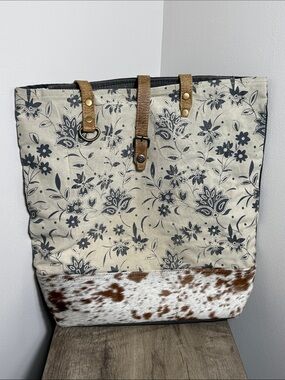 Myra Bag Floral Canvas Tote with Brown Cowhide Accent